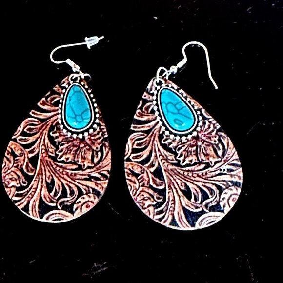 Turquoise Southwestern Earrings Boho Floral Drop Tooled Leather Dangle Boho NWT - Picture 6 of 8